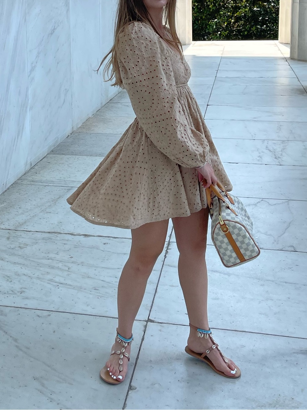 Beige Eyelet Long-Sleeve Mini Dress — Feminine A-Line Design